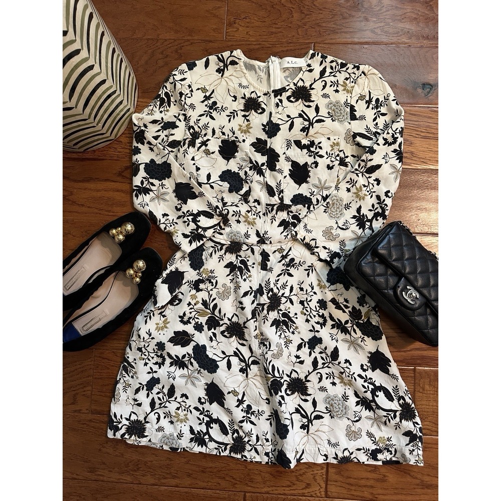 A.L.C. Terry Silk Floral Mini Dress Women Sz 4 Cream Brown Cottagecore Feminine
